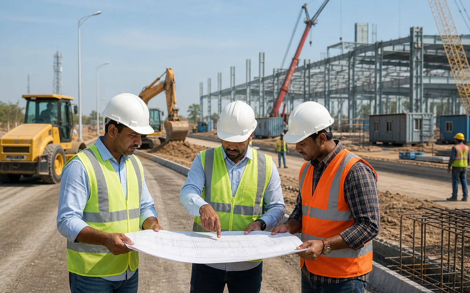 Infrastructure project team reviewing civil construction execution at site
